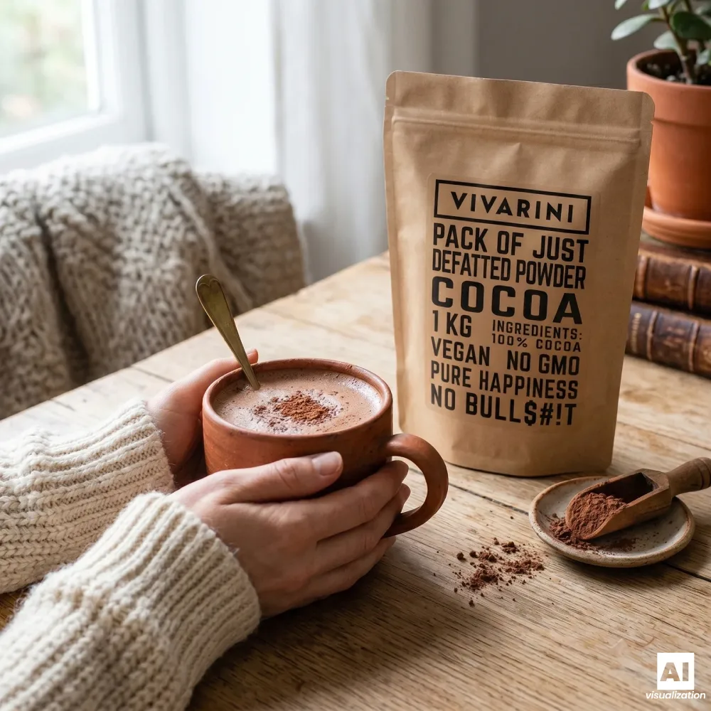 Du cacao en poudre alcalinisé Vivarini dans une tasse de boisson au cacao.