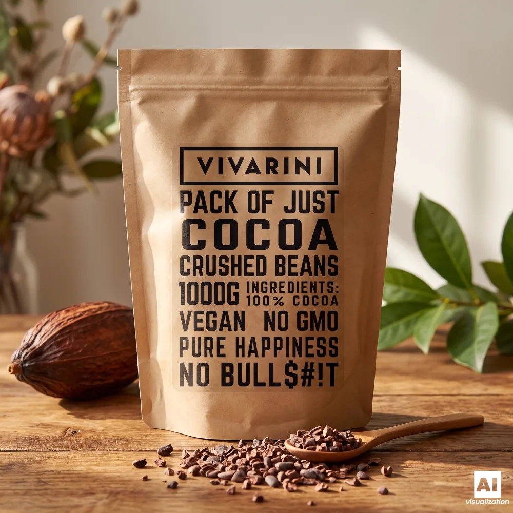 Fèves de cacao concassées Vivarini, en paquet contenant des éclats épars.