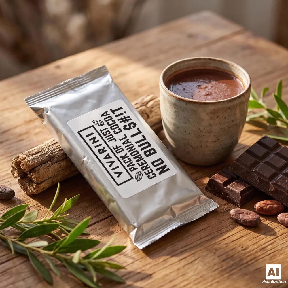 Du cacao cérémoniel Vivarini Criollo dans un emballage argenté, à côté d'une tasse de chocolat chaud.