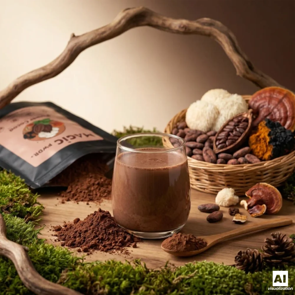 « Magic Pwdr Power Cocoa », c'est-à-dire du cacao enrichi en extraits de champignons, à côté d'une tasse de chocolat chaud.
