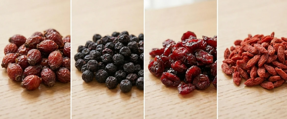 Fruits secs – propriétés : aronia, cynorhodon séché et canneberges séchées
