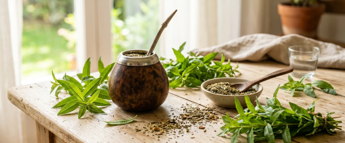 Une calebasse à maté entourée d'herbes aromatiques. Découvrez à quoi on peut ajouter de la verveine citronnée.