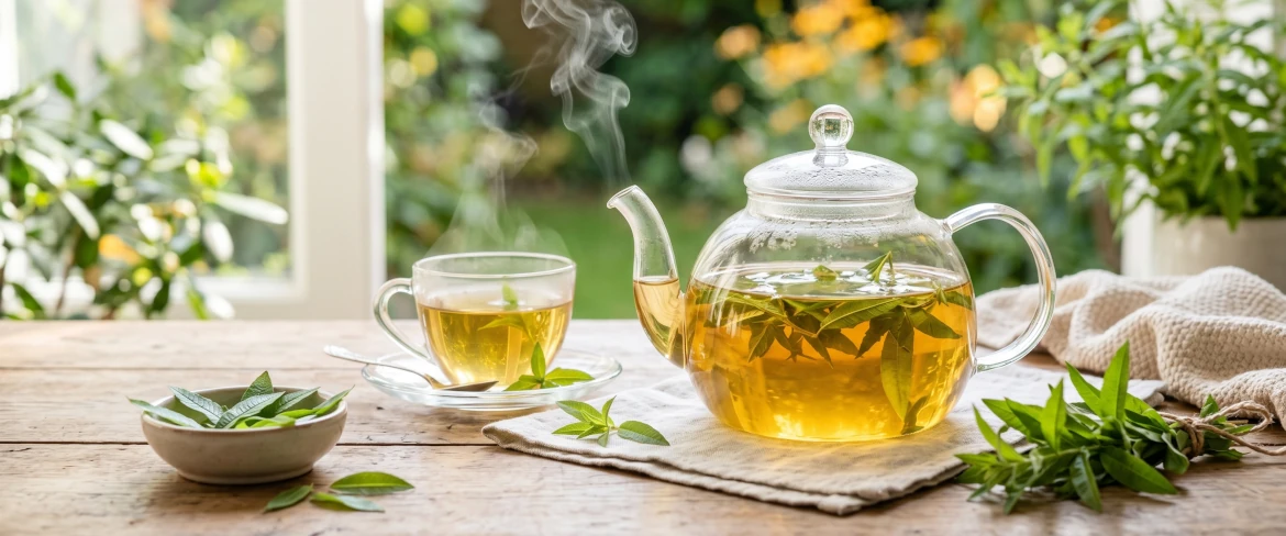 Une infusion chaude de verveine citronnée dans une théière en verre.