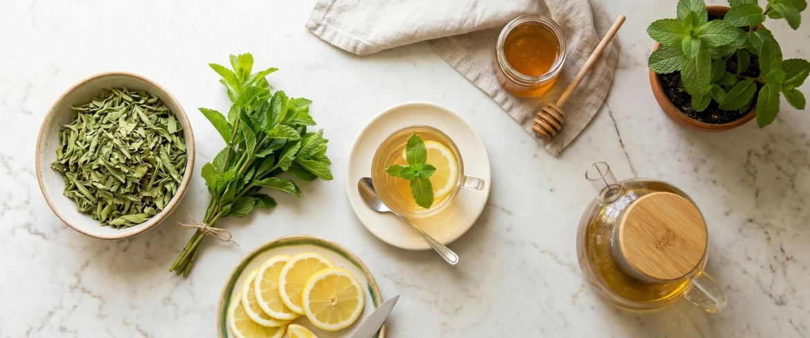 Ingrédients pour une infusion à la verveine citronnée, présentés selon une vue de dessus.