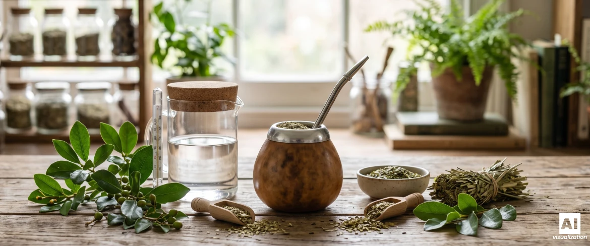 Une calebasse à maté contenant de la yerba maté, des feuilles de yerba maté, de la yerba maté séchée, de l'eau et un thermomètre pour la préparation.