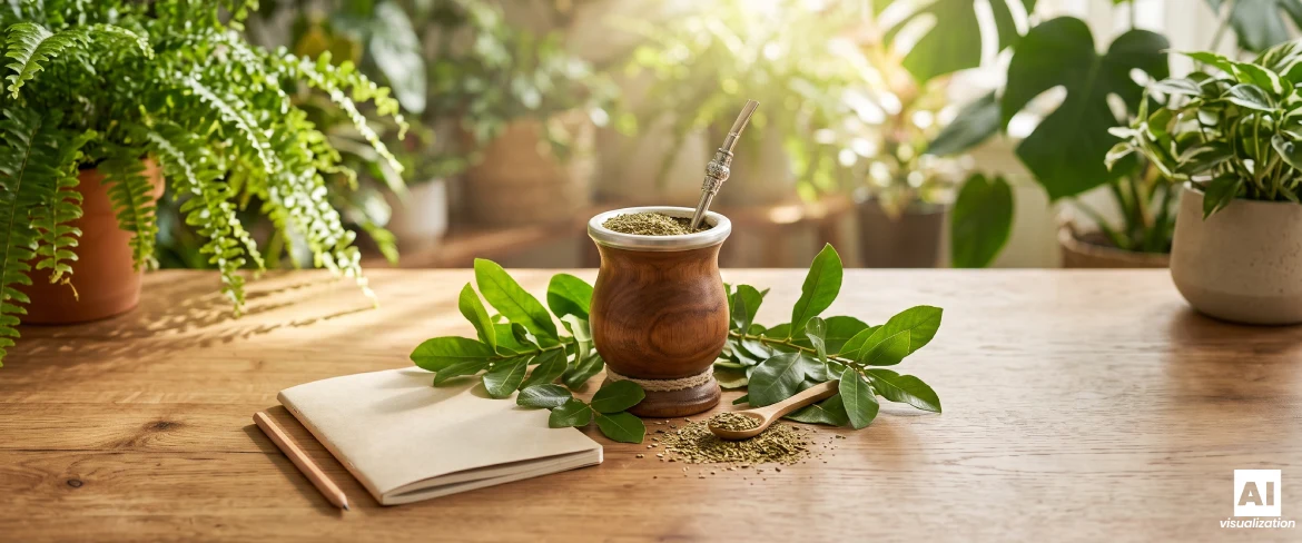 Du yerba maté dans une calebasse en bois, avec des feuilles de yerba maté et un carnet posé sur une table.
