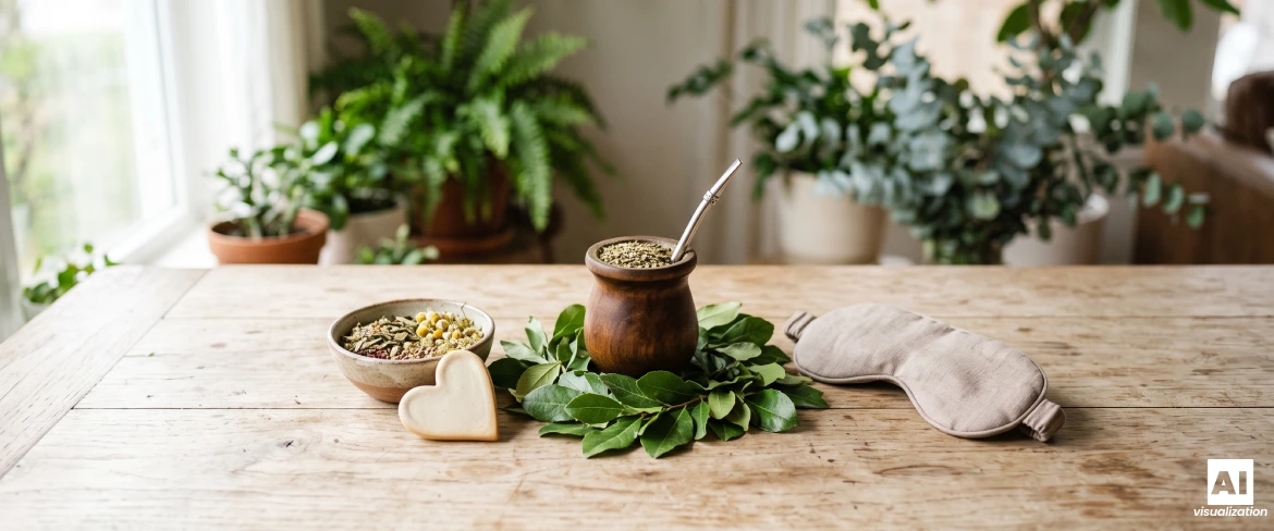 Du yerba maté dans une calebasse à maté, entouré de feuilles, d'herbes et d'un masque de sommeil.