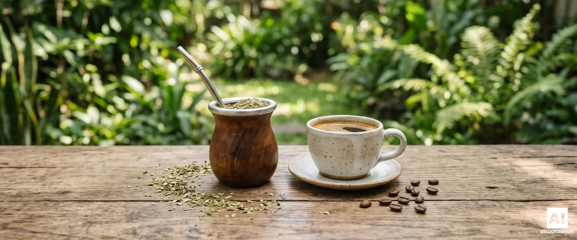 Du yerba maté et une tasse de café, côte à côte sur une table en bois.