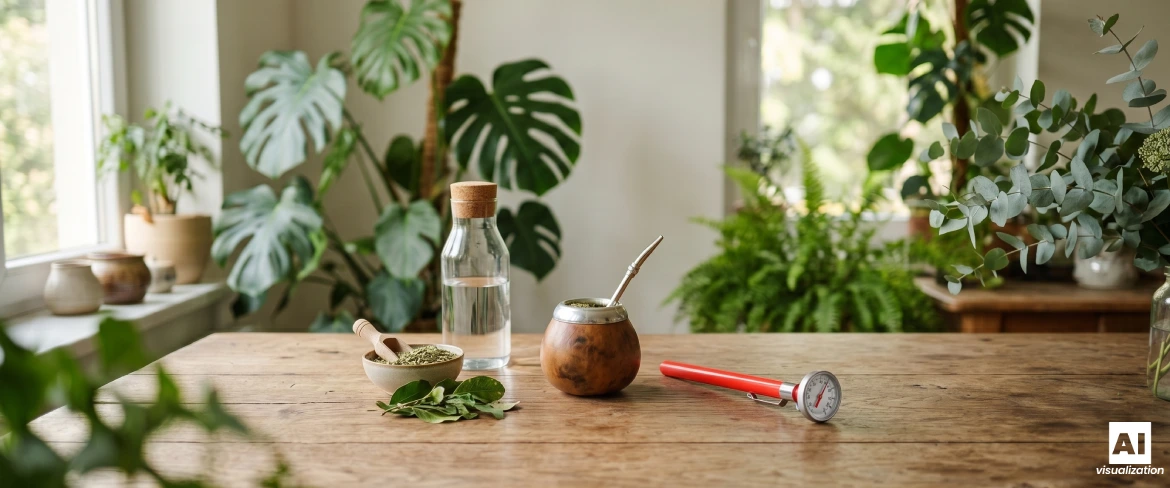 Une calebasse à maté contenant de la yerba maté, de l'eau, de la yerba maté séchée et un thermomètre pour vérifier la température de l'infusion.
