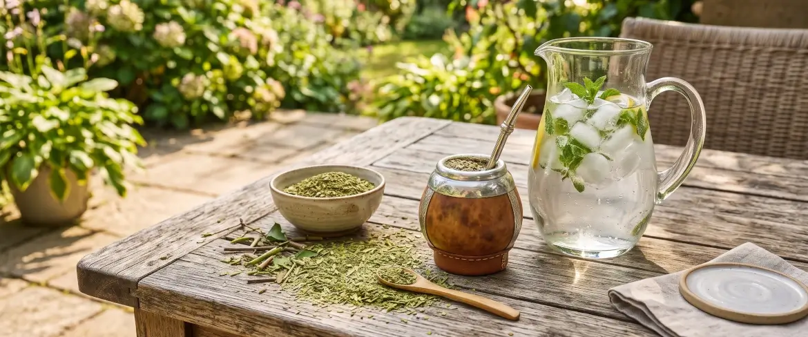 Des feuilles de yerba mate et une carafe en verre remplie d'eau glacée