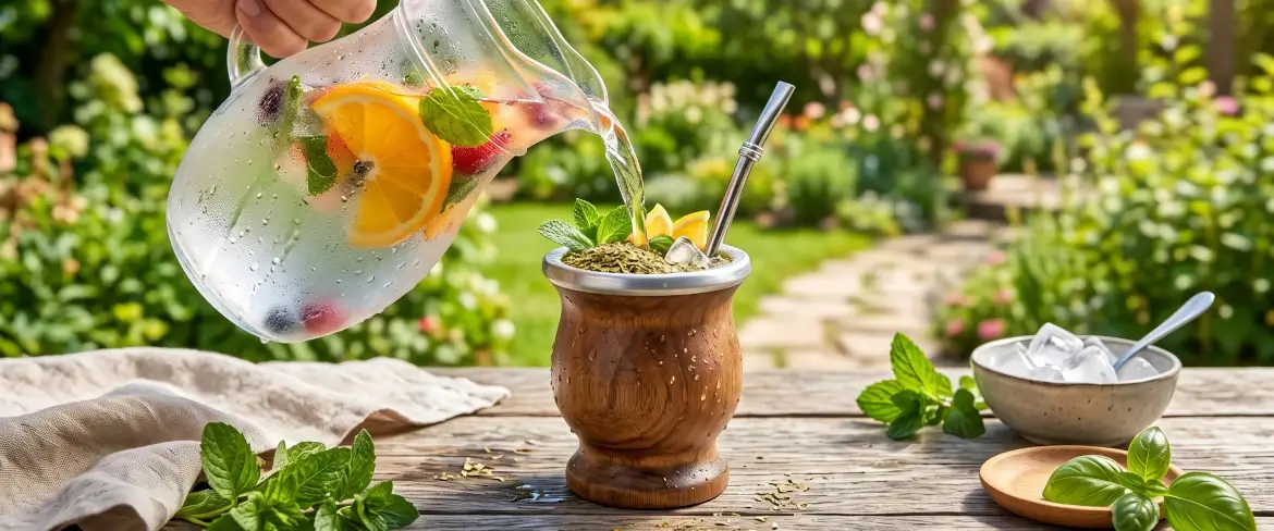 De la yerba mate froide mélangée à du jus de fruits frais pour préparer du tereré