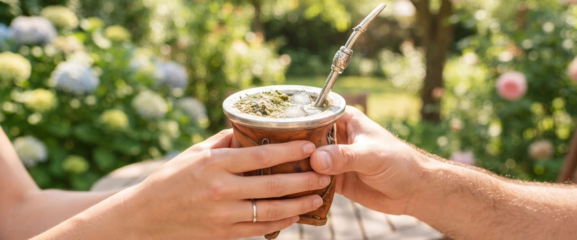 Deux personnes partageant une calebasse de tereré bien frais dans un jardin verdoyant et ensoleillé