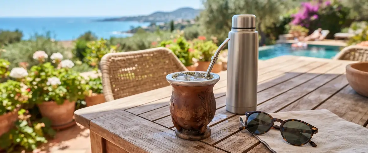 Détente estivale sur une terrasse, avec un thermos et une calebasse à maté