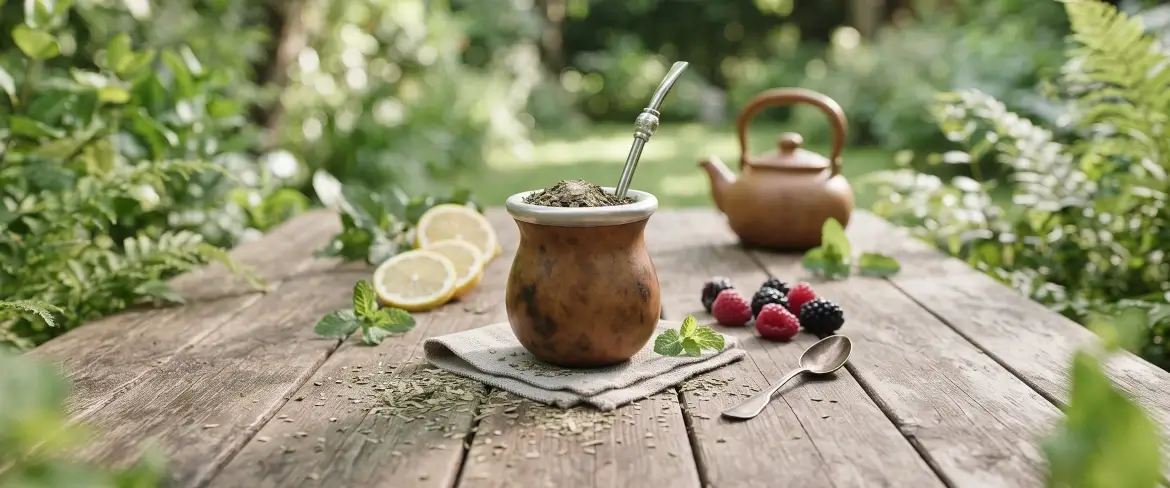 Une calebasse à maté remplie de yerba maté posée sur une table en bois, avec du citron et de la menthe à côté, créant un cadre naturel pour cette boisson.