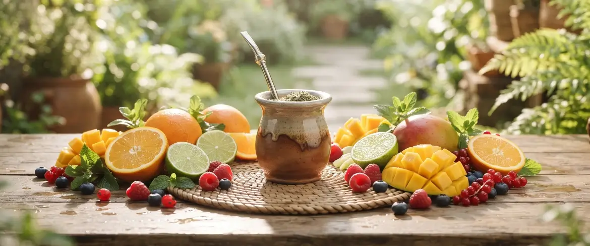 Un mélange fruité de yerba mate, d'agrumes, de mangue et de fruits rouges, présenté autour d'une calebasse à maté, pour une infusion fraîche et rafraîchissante.