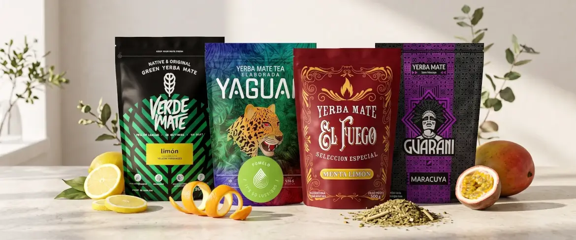 Sachets souples de yerba mate aux différents arômes de fruits, notamment aux agrumes et aux fruits.