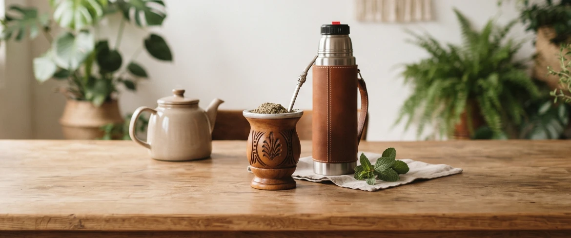 Une calebasse à maté contenant de la yerba maté, un thermos et des accessoires pour la préparation, posés sur une table, illustrant le rituel quotidien du maté.