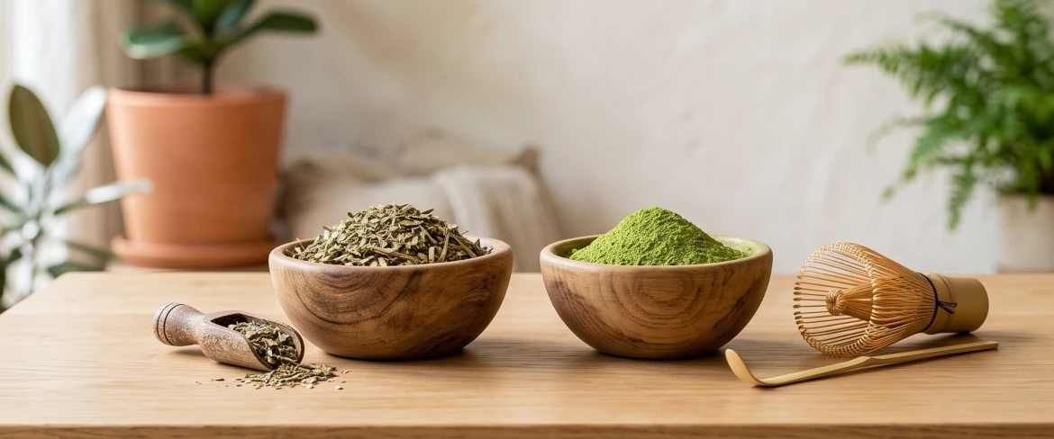 Thé vert matcha contre yerba mate : bols en bois contenant des feuilles de yerba mate séchées et de la poudre de matcha verte.