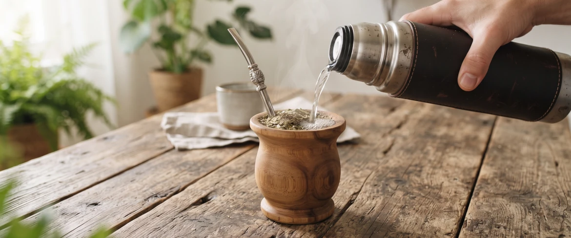 De l'eau chaude est versée d'un thermos dans une calebasse en bois contenant de la yerba mate et une bombilla.