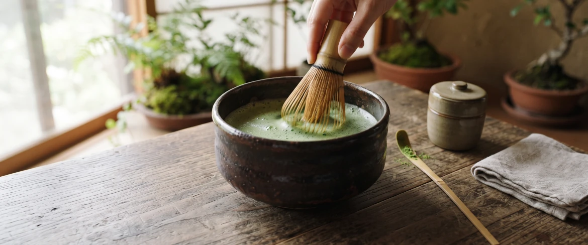 Préparation traditionnelle du matcha dans un bol sombre à l'aide d'un fouet chasen en bambou.