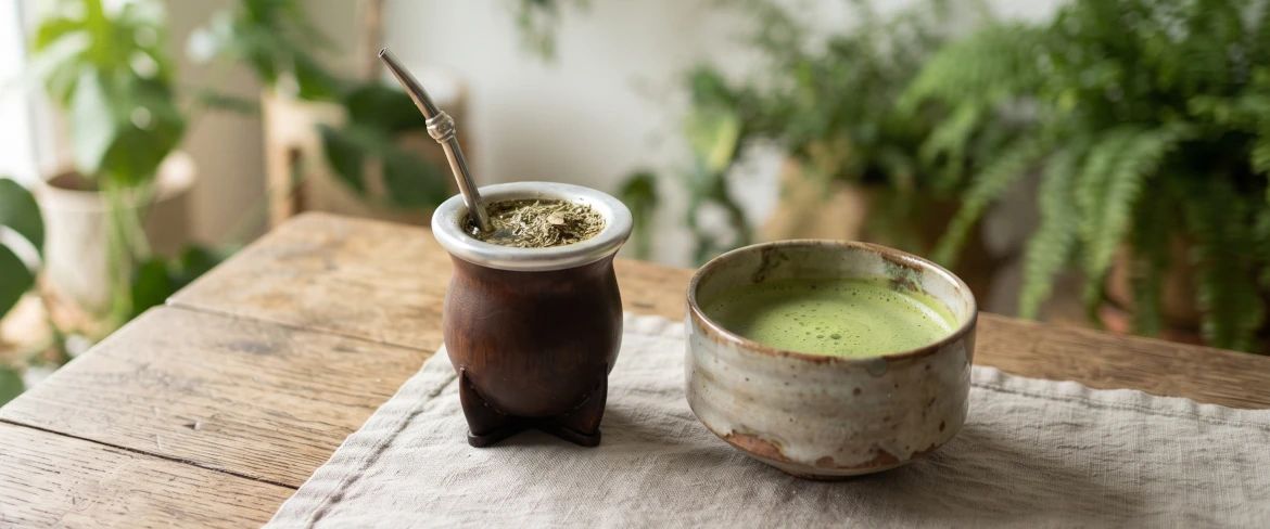Comparaison directe entre le matcha et le yerba maté : une calebasse à maté avec une bombilla et un bol en céramique contenant une infusion.