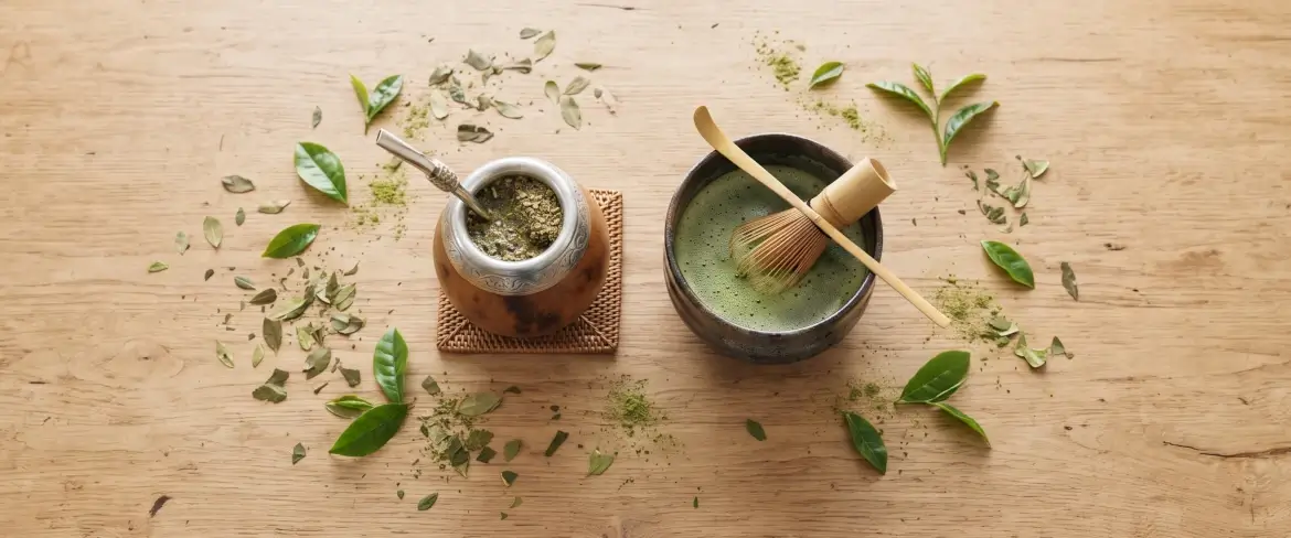 Vue de dessus de la yerba mate et du matcha : une calebasse en bois et un bol en céramique entourés de feuilles.