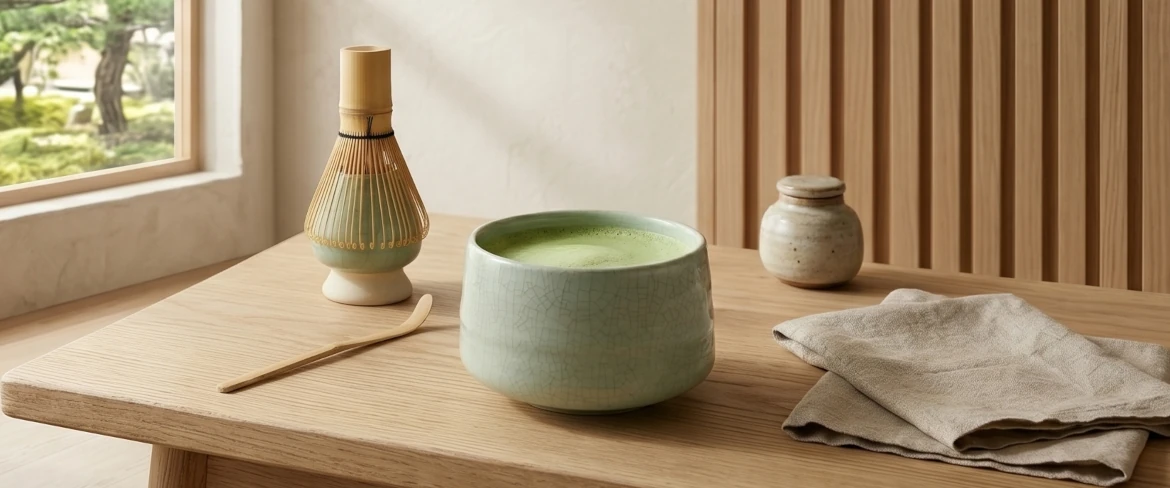 Thé matcha dans un bol à matcha avec un fouet chasen – service à thé matcha