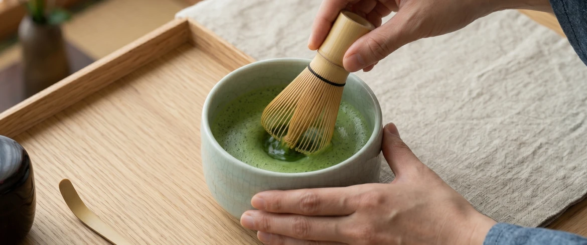 Préparer du thé matcha dans un matchawan à l'aide d'un chasen – un service à matcha