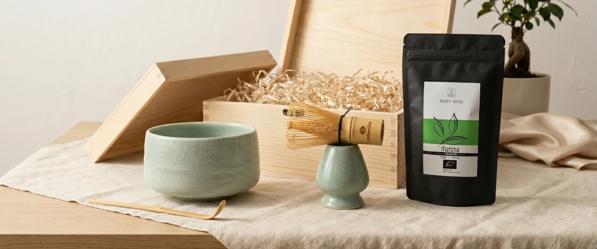 Coffret cadeau matcha – bol à matcha, fouet à thé et thé matcha dans un emballage