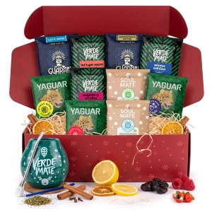 Coffret cadeau de Noël yerba mate : échantillons 10x50g + calebasse Verde Mate Winter Time et bombilla