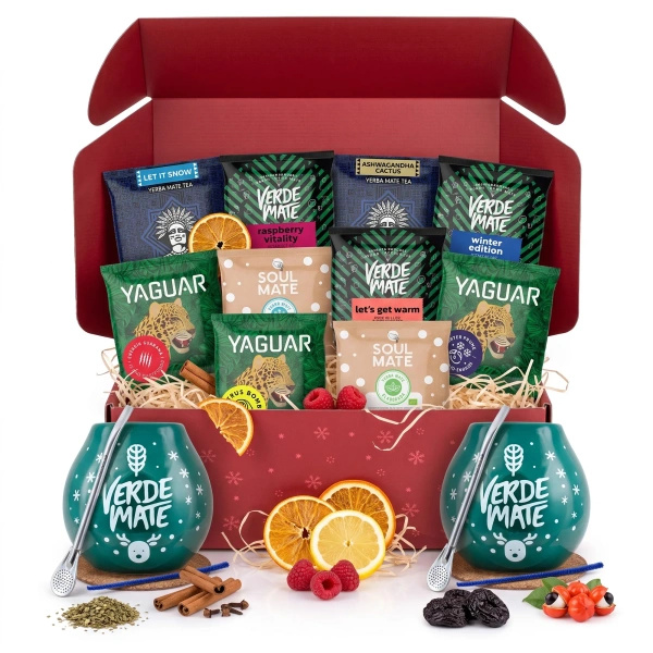 Coffret cadeau de Noël yerba maté pour deux : échantillons 10x50g + 2x calebasse Verde Mate Winter Time et 2x bombilla