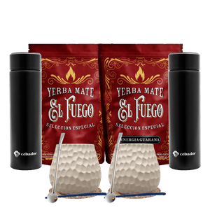 Coffret Yerba Maté pour deux : El Fuego 2x500g + 2x Thermos LED + 2x Calebasse + 2x Bombilla