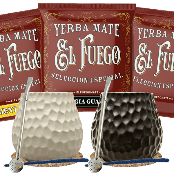 Set de Maté pour deux : échantillons El Fuego 3x50g + 2x Calebasse + 2x Bombilla