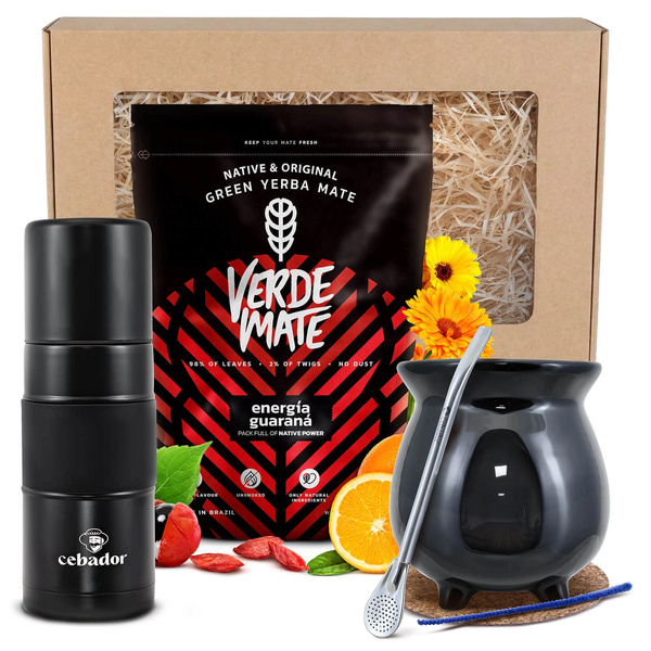 Ensemble de cadeaux Yerba Maté : Verde Mate Energía Guaraná 0,4kg + Yerbomos X + Calebasse + Bombilla