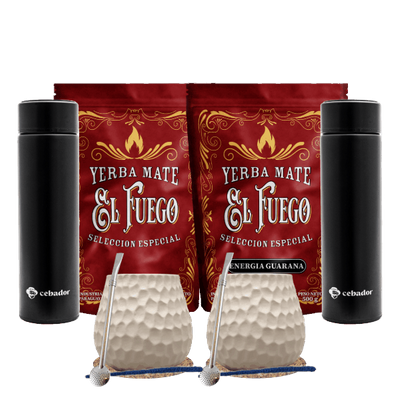 Coffret Yerba Maté pour deux : El Fuego 2x500g + 2x Thermos LED + 2x Calebasse + 2x Bombilla