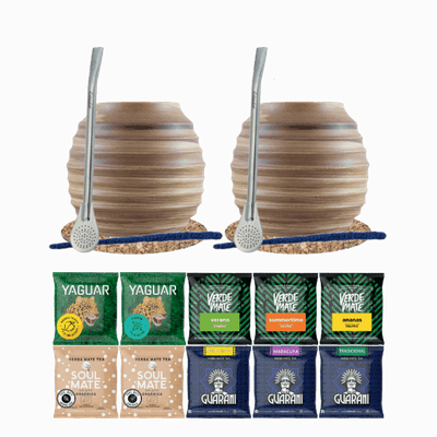 Set de Maté : 2x Calebasse + 2x Bombilla + Échantillons 10x50g