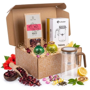 Coffret cadeau Mary Rose : fleurs séchées + bombes à thé + théière