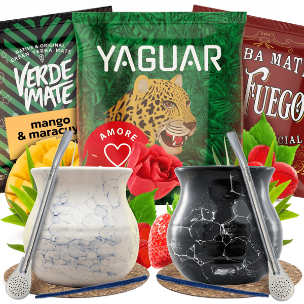 Set de yerba maté pour deux calebasse céramique bombilla 3x50g