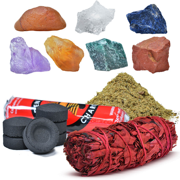 Set de pierres naturelles, cristaux et encens - ésotérisme, yoga, méditation