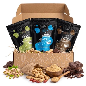 Coffret cadeau de beurre de cacahuète en poudre Nustino : Pure + Chocolate + Pistachio & Chocolate 3x400g