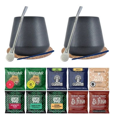 Set de Maté : 2x Calebasse + 2x Bombilla + Échantillons 10x50g