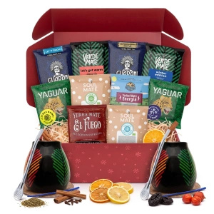 Coffret cadeau de Noël yerba maté pour deux : échantillons 10x50g + 2x calebasse Samba et 2x bombilla
