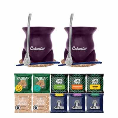 Set de Maté : 2x Calebasse + 2x Bombilla + Échantillons 10x50g