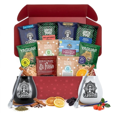 Coffret cadeau de Noël yerba maté pour deux : échantillons 10x50g + 2x calebasse Guarani et 2x bombilla
