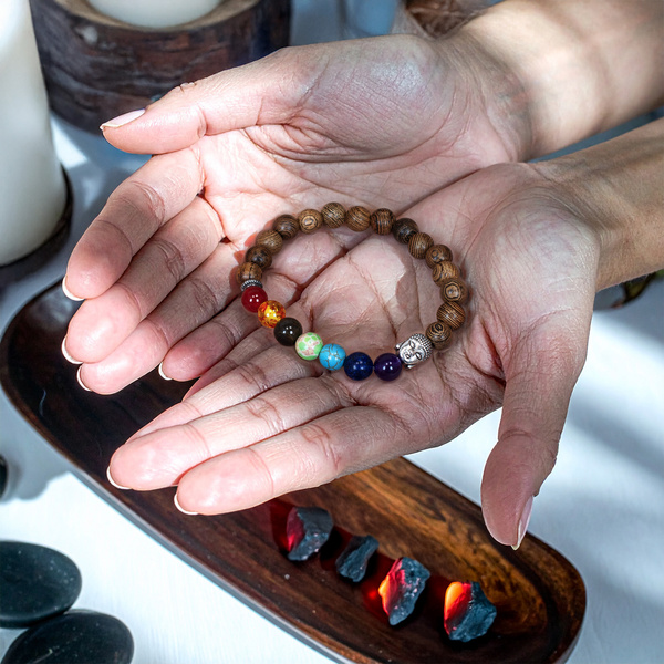 Bracelet "Sept Chakras" – bois de wengé et Bouddha