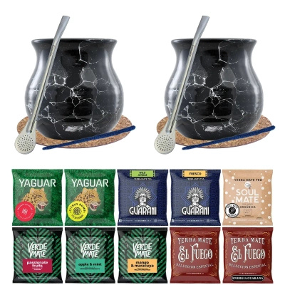 Set de Maté : 2x Calebasse + 2x Bombilla + Échantillons 10x50g