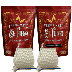 Kit de démarrage pour deux Yerba Maté El Fuego 2×500 g + 2× Calebasse + 2× Bombilla