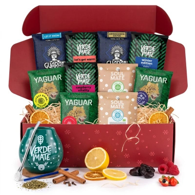 Coffret cadeau de Noël yerba mate : échantillons 10x50g + calebasse Verde Mate Winter Time et bombilla