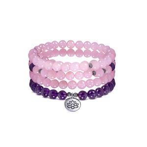 Bracelet Mala avec améthyste et quartz rose – Fleur de Lotus