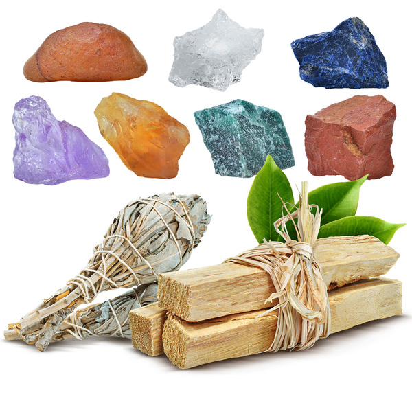Set de pierres naturelles, cristaux et encens - ésotérisme, yoga, méditation